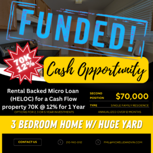 🔥 FUNDED – Rental Backed Micro Loan ( HELOC) for a Cash Flow property 70K @ 12% 70,000