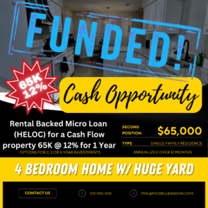 🔥 FUNDED – Rental Backed Micro Loan ( HELOC) for a Cash Flow property 65K @ 12% 65,000